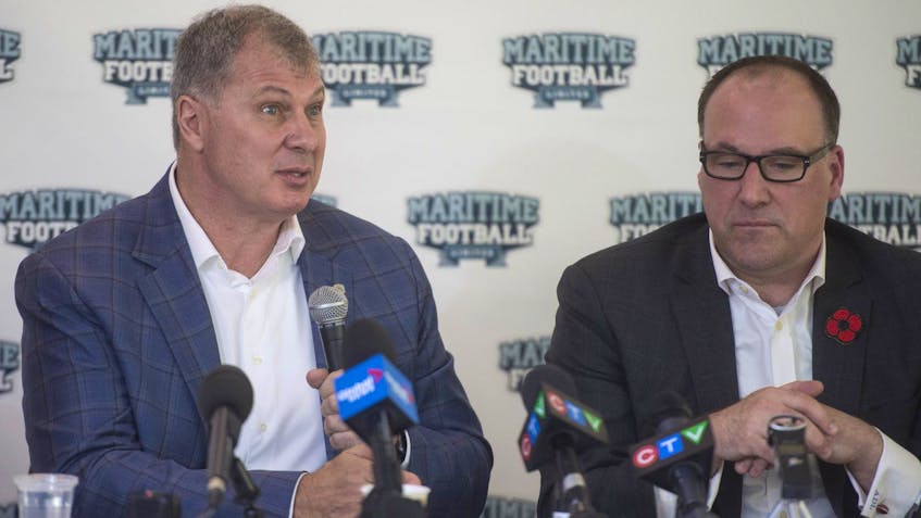 
Anthony LeBlanc, one of three principal owners of the Atlantic Schooners franchise, is shown with CFL Commissioner Randy Ambrosie in Halifax last year. FILE
