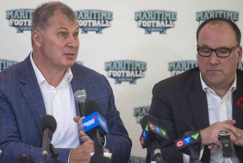 
Anthony LeBlanc, one of three principal owners of the Atlantic Schooners franchise, is shown with CFL Commissioner Randy Ambrosie in Halifax last year. FILE
