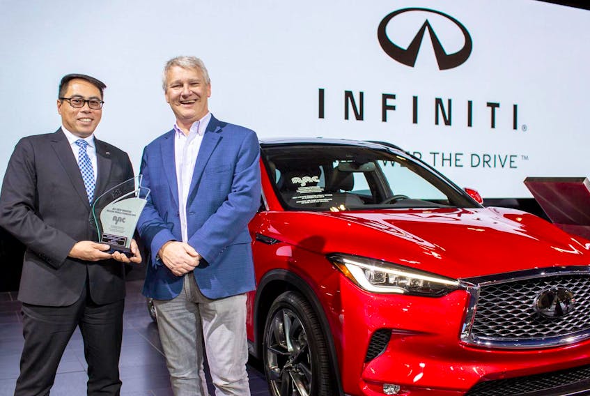 
Chad Yee, senior manager, marketing communications, Infiniti Canada (left) accepts the award for Best Green Innovation for their VC-Turbo engine from Mark Richardson, president of the Automobile Journalists Association of Canada. - AJAC
