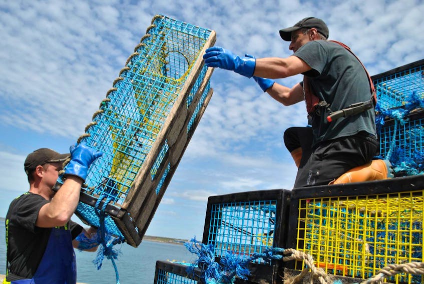 
A lobster fisherman passes a trap up to his crewmate last year in Digby County. Four Mi’kmaw men are suing the federal Department of Fisheries and Oceans.
