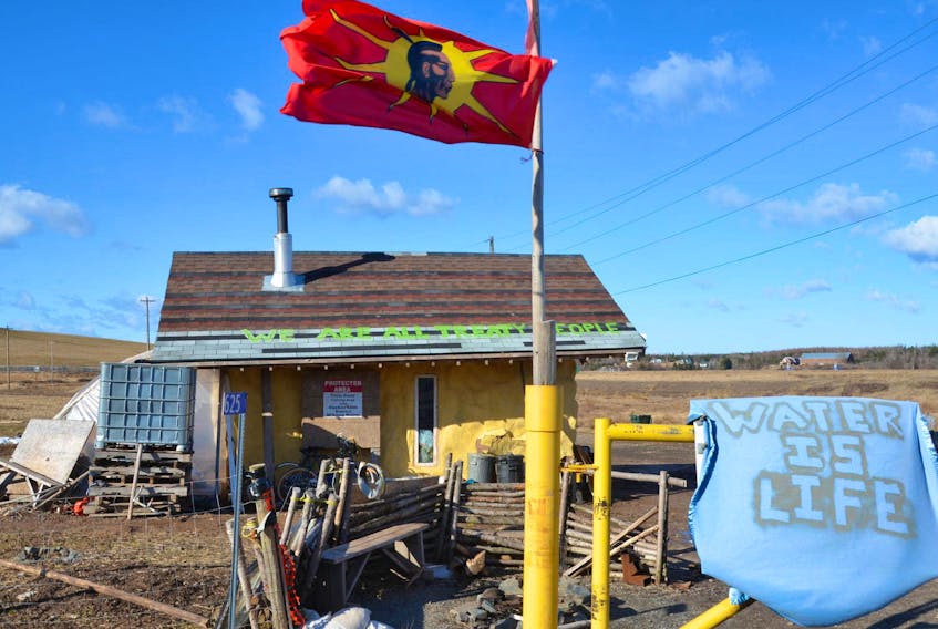 
The straw bale hut built by Mi’kmaq protesters opposed to the Alton Gas project sits by the main gate to the company work site at the Shubenacadie River estuary near Fort Ellis, Colchester County. - Francis Campbell
