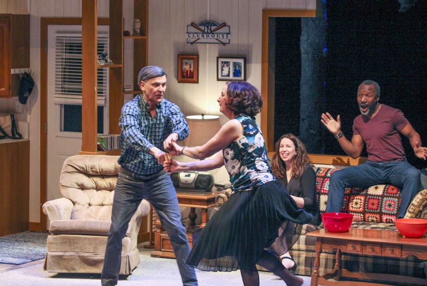 Daniel MacIvor, left, Caroline Gillis, Stephanie MacDonald and Andrew Moodie in a scene from the Neptune Theatre production of New Magic Valley Fun Town.