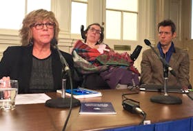 From left, Barb Horner, Disability Rights Coalition; Jen Powley, No More Warehousing; and her care worker John Whittington, attend an event at the legislature on Thursday calling on the province to address serious housing needs for disabled residents in Nova Scotia. - Andrew Rankin