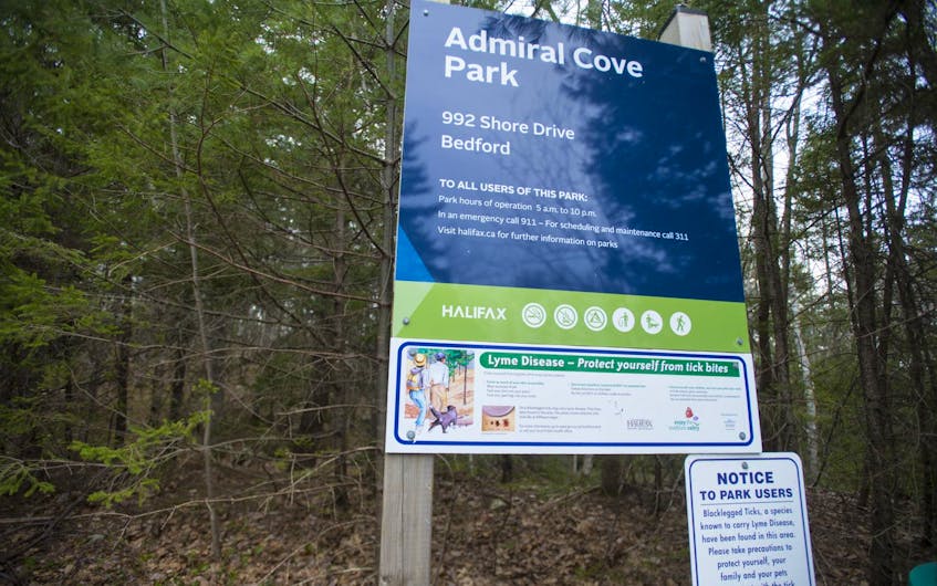 
Information warning park users about ticks and Lyme disease has been added to the Admiral Cove Park sign on Shore Drive in Bedford. - Ryan Taplin 
