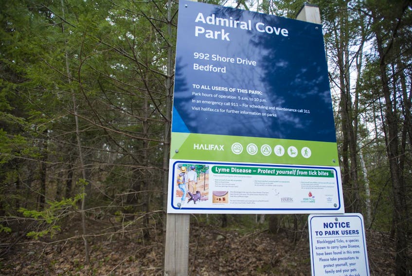 
Information warning park users about ticks and Lyme disease has been added to the Admiral Cove Park sign on Shore Drive in Bedford. - Ryan Taplin 
