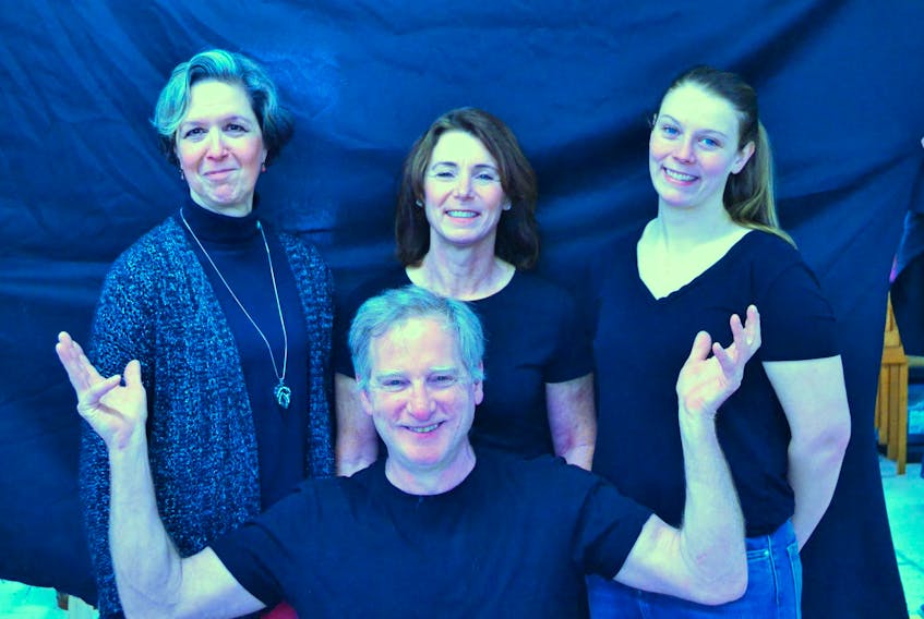 
Katie McNeill (from left), June Davidson and Grace Bramfitt, along with Dion McKay (seated) are the cast for the South Shore Player’s annual spring production, Here on the Flight Path by Norm Foster is being presented between April 26 and May 5 at the Mahone Bay Centre.
