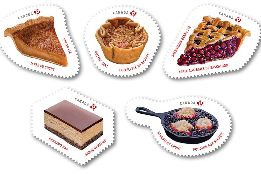 
Canada Post is featuring desserts from five parts of Canada on a new series of stamps called Sweet Desserts: sugar pie (Quebec), butter tarts (Ontario), Saskatoon berry pie (the Prairies), Nanaimo bars (B.C.) and blueberry grunt (the East Coast). - Canada Post

