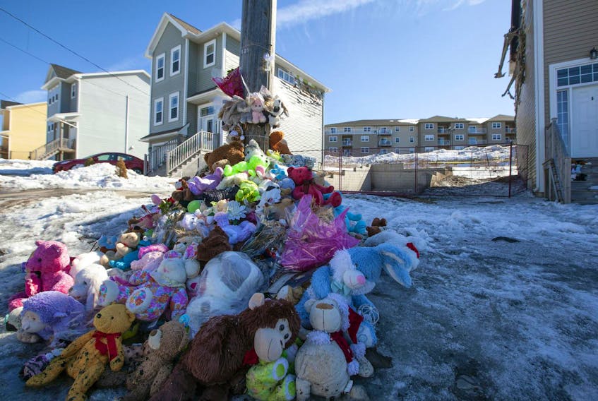 
A memorial of stuff bears remains as the only sign of a tragic fire in which the seven Barho children perished Feb. 19. The home at Quartz Drive in Spryfield was demolished down to the foundation in March. - Eric Wynne / File
