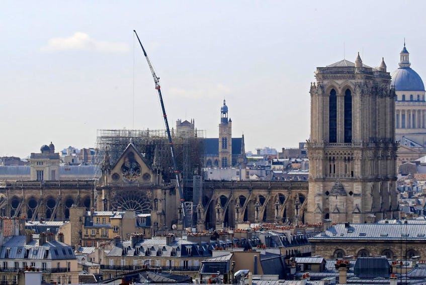 
 Notre-Dame cathedral is shown two days after a massive fire devastated large parts of the gothic structure in Paris.
