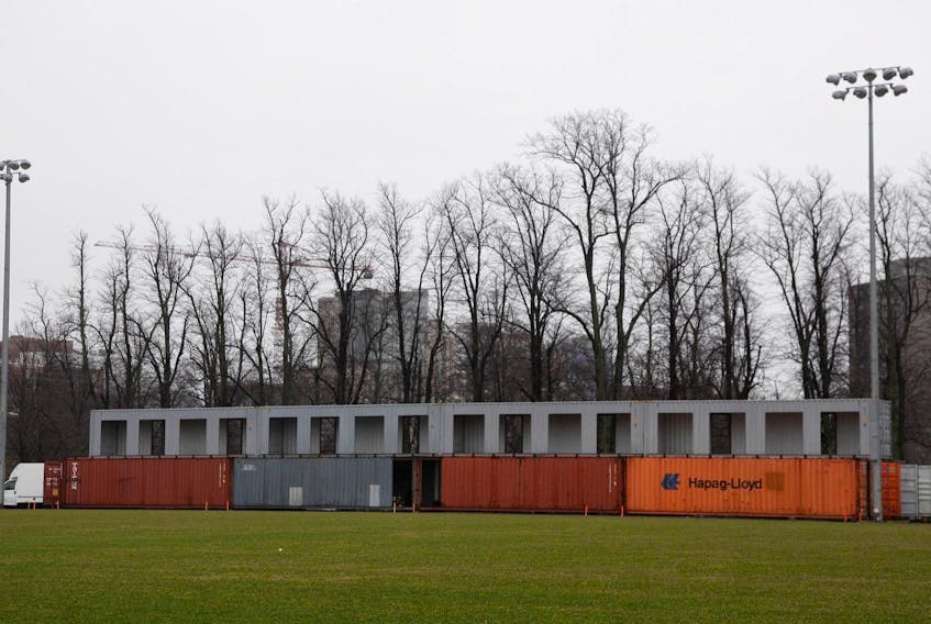 
The VIP area/Press box and dressing rooms, composed of stacks of recycled shipping containers, are seen under the construction process at the Wanderers Grounds in Halifax on Tuesday. - Tim Krochak
