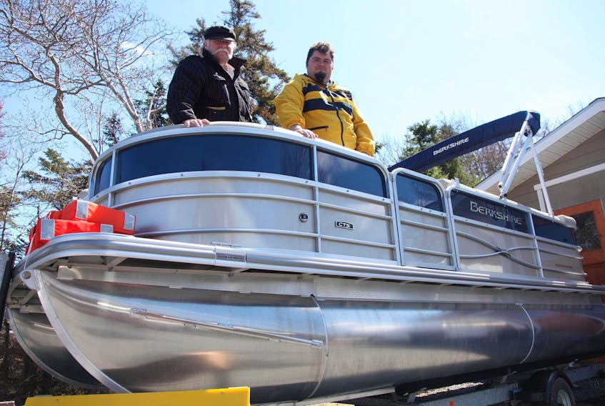 
Tim. left and David Backman, seen with their 20 foot pontoon boat that they hope to be used for their North West Arm Ferry, seen April 29, 2019. Tim Krochak/ The Chronicle Herald. - Tim Kroichak
