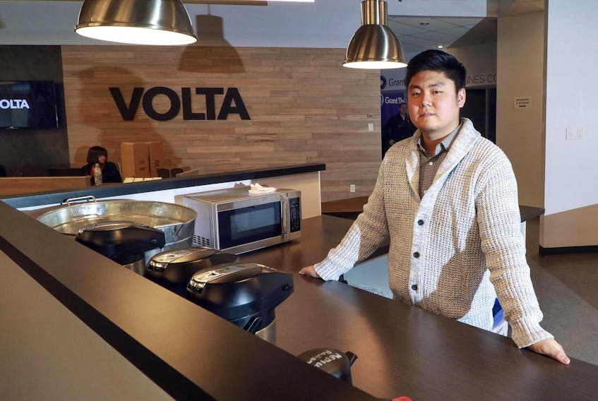 
Alex Lee is getting ready to open Sine Coffee Labs specialty coffee shop in early May. Lee and his business partner are setting up their latest venture in the lobby of Volta Labs, the business startup incubator located in the Maritime Centre in Halifax.
