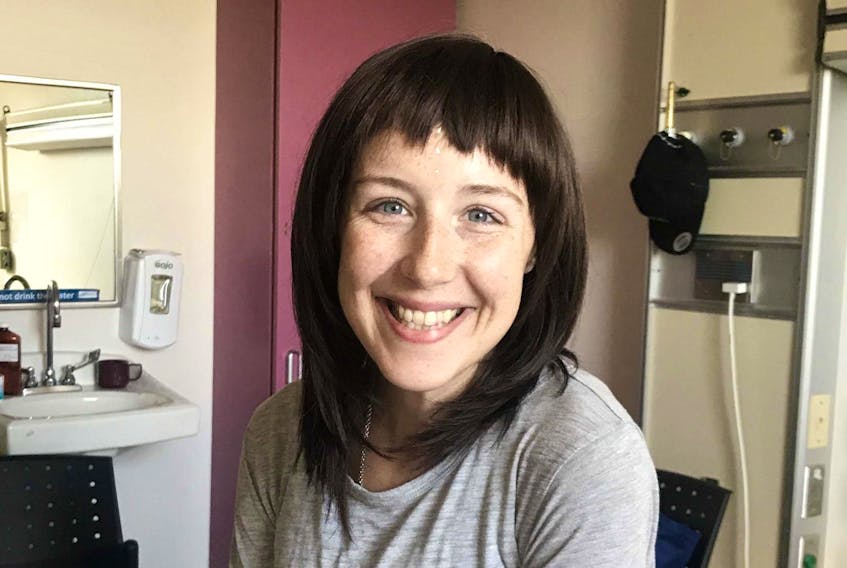 Inez Rudderham smiles after trying on a wig while being treated in hospital for cancer. She will meet Premier Stephen McNeil to discuss health care in Nova Scotia.