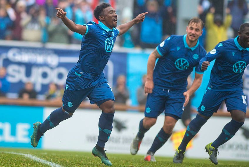 
Halifax Wanderers FC striker Akeem Garcia celebrates the first goal in franchise history during Saturday’s Canadian Premier League game at the Wanderers Grounds. (Ryan Taplin/The Chronicle Herald)
