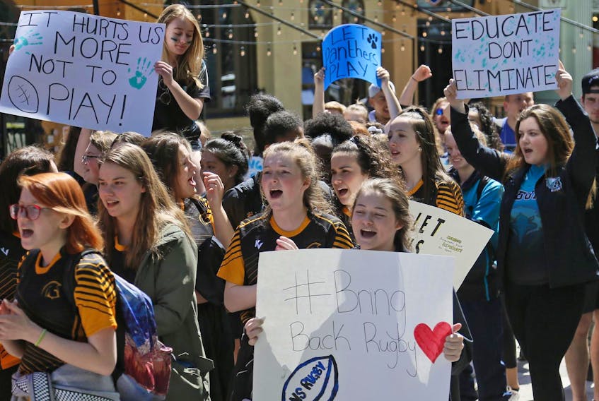 
High school rugby players rally to save their sport outside the Nova Centre in Halifax on Friday, May 3, 2019. The NSSAF was meeting at the centre and the student athletes were looking for answers at why their sport was so swiftly killed off. - Tim Krochak / File
