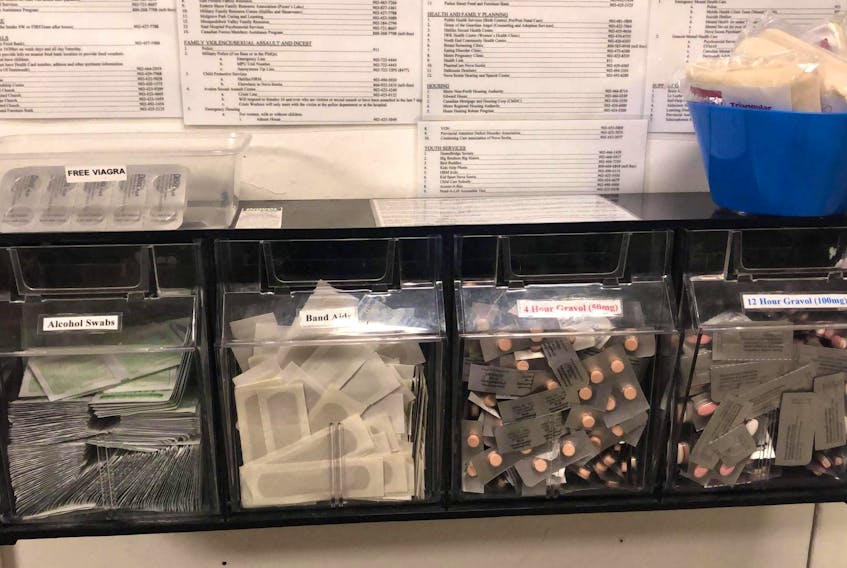 
A container labelled “Free Viagra" but containing antacid pills is on display outside the sick bay on HMCS Ville de Quebec in late April. The label was an attempt at humour, a Canadian Forces Health Services spokeswoman said. - Nicole Munro
