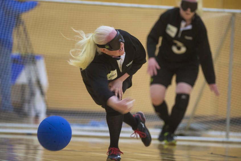 
Ontario’s Amy Burk fires the ball during the 2019 Canadian Senior National Goalball Championships women’s gold-medal game at Citadel HIgh on Sunday.
