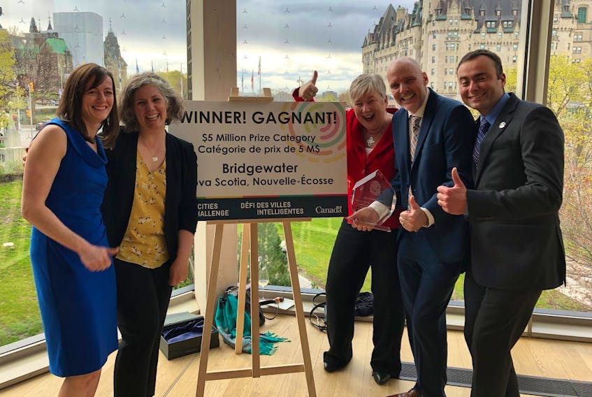 
Bridgewater officials celebrate the town’s Smart Cities Challenge win in Ottawa: From left, CAO Tammy Wilson, planning director Jessica McDonald, Bernadette Jordan, MP for South Shore-St. Margarets, Mayor David Mitchell and sustainability planner Leon de Vreede. 
