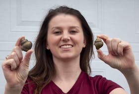
Sarah Kingsbury holds a pair of chinese snails or ‘cipangopaludina chinensis’, also known as Chinese mystery snails in Dartmouth Friday. These freshwater snails are an invasive species and have been in the area for decades. This pair was plucked from Lake Banook. - Tim Krochak
