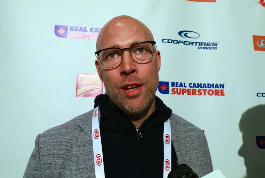 
Former Halifax Mooseheads goaltender Jean-Sebastien Giguere speaks to the media during the opening day at the Memorial Cup at the Scotiabank Centre Friday. 
