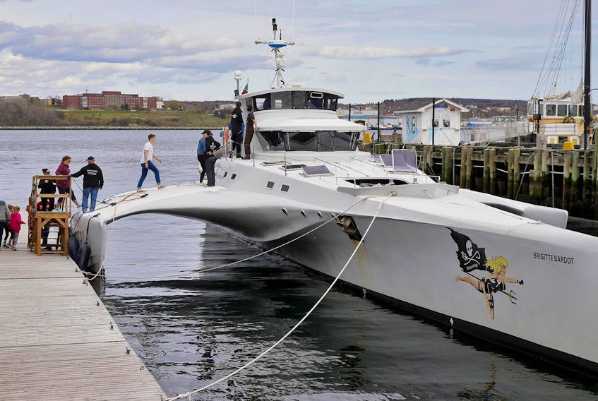 The MV Brigitte Bardot, a 35-metre stabilized twin engine monohull, is seen on the Halifax waterfront Sunday.