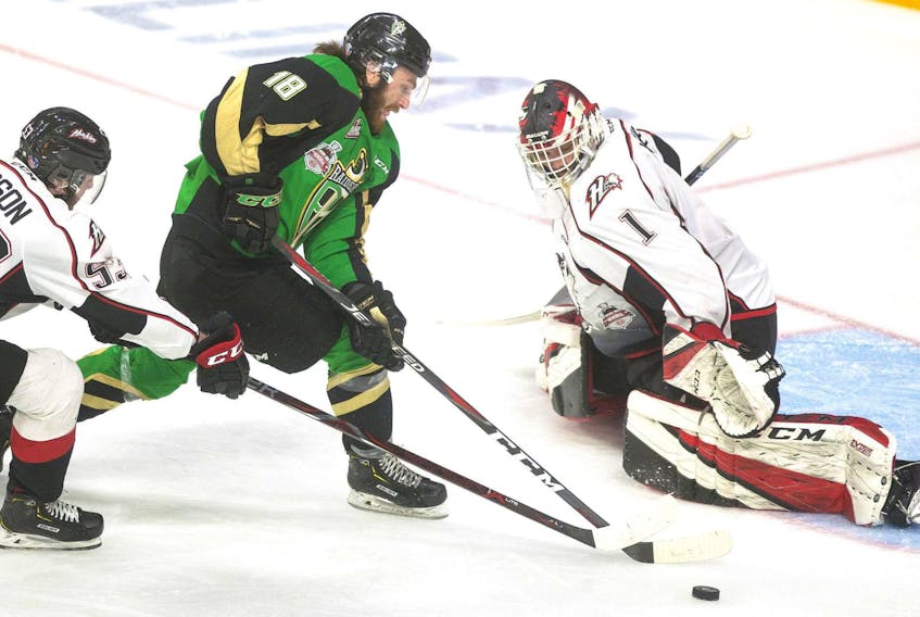 
Prince Albert Raiders forward Noah Gregor tries to score on Rouyn-Noranda Huskies goalie Samuel Harvey during the second period of Monday night’s Memorial Cup game at the Scotiabank Centre. Ryan Taplin - The Chronicle Herald
