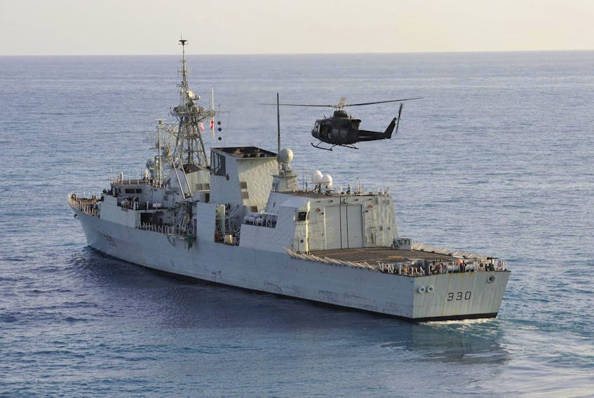 
A CH-146 Griffon helicopter lands on the HMCS Halifax near Port-au-Prince, Haiti, in February 2010. - Cpl. Pierre Thériault
