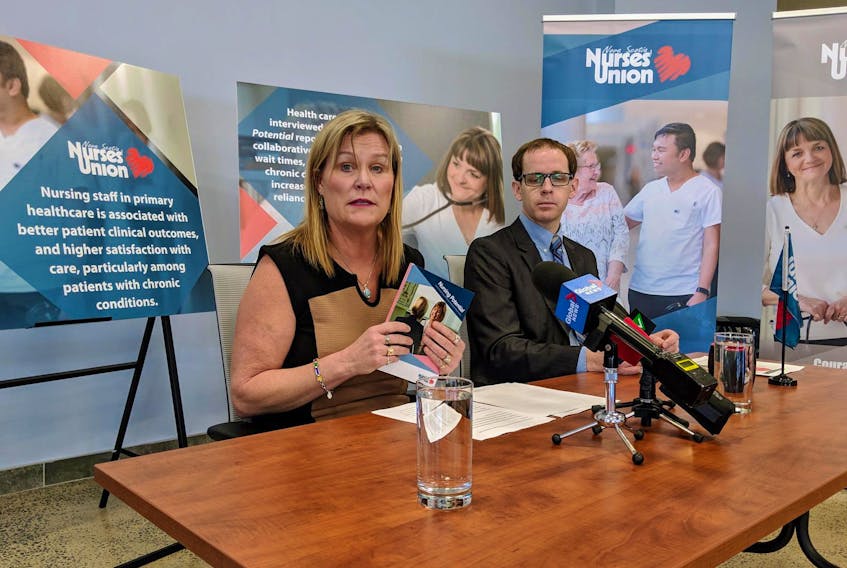 
Janet Hazelton, president of the Nova Scotia Nurses Union, and union researcher Paul Curry, released a report Tuesday on the role of nurses in the health-care system.
