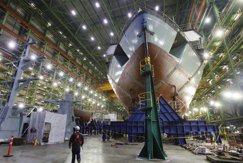 
The Arctic offshore patrol ship Margaret Brooke takes shape in the assembly hall at the Irving Shipbuilding Inc. facility in Halifax on Dec. 6, 2018. - Tim Krochak
