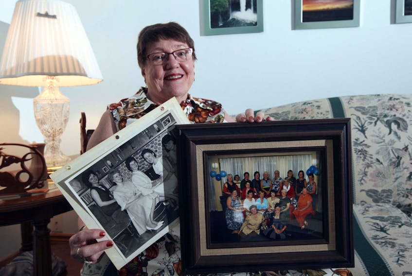 
Francis Taggart with. photograph of some of the women from her graduating class after five years (on the left) and a photo of her class at the 50th anniversary in 2009. - Eric Wynne
