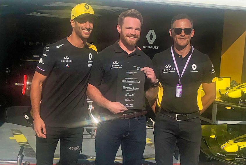 
The 2019 Infiniti Engineering Academy Canada winner, Mathew Kemp, is flanked by F1 star Daniel Ricciardo to his left and Adam Patterson, managing director, Infiniti Canada.
