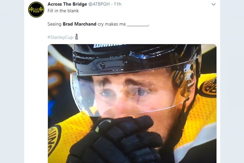 
Social media was filled with images of a tearful Brad Marchand after the Bruins’ Game 7 Stanley Cup loss on Wednesday to the St. Louis Blues. - Twitter
