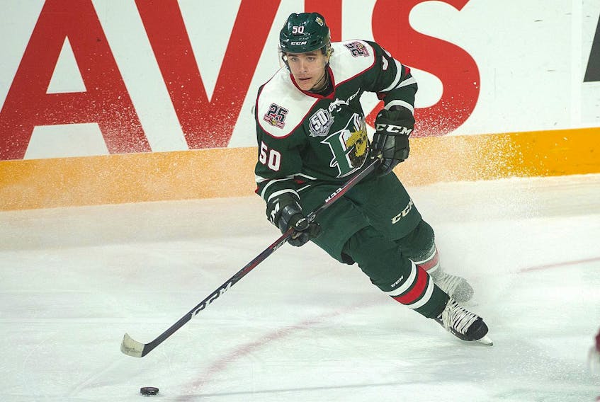 
Halifax Mooseheads forward Raphael Lavoie looks to make a pass against the Bathurst Titan during a Dec. 8, 2018 game at the Scotiabank Centre. - Ryan Taplin
