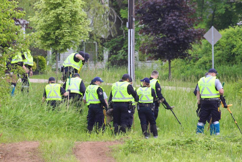 
RCMP investigators, with rakes and metal detectors, search through tall grass and wet ditches along Highway 341 in Kings County Wednesday as they search for evidence in the attempted robbery of the Valley Credit Union branch in Canning last week. - Ian Fairclough

