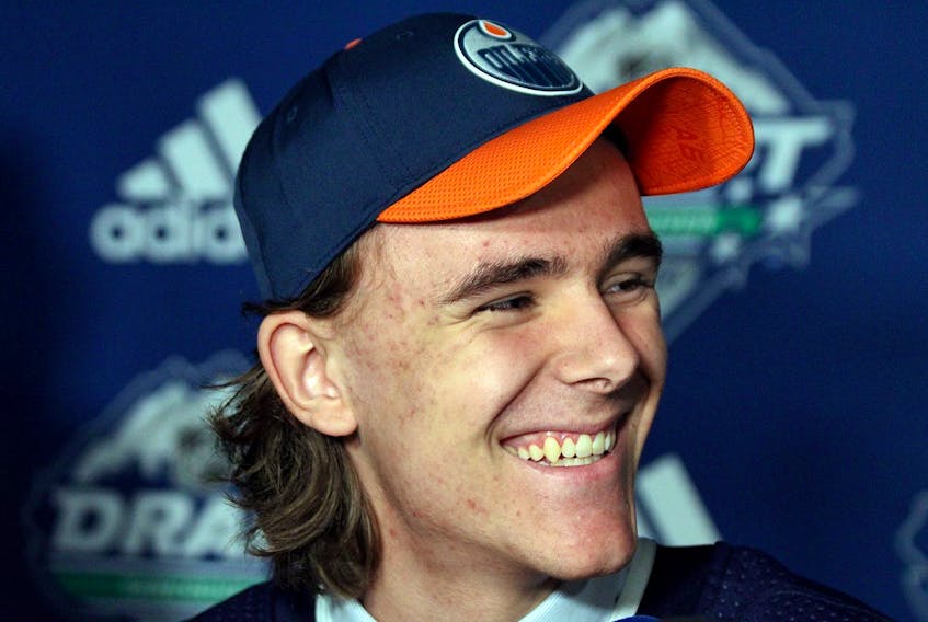 
Halifax Mooseheads forward Raphael Lavoie smiles after being picked 38th overall by the Edmonton Oilers at the NHL draft in Vancouver on Saturday. (EDMONTON OILERS)
