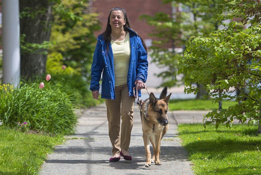 
Milena Khazanavicius and her German shepherd Louis go for a walk near their west-end Halifax apartment. 
