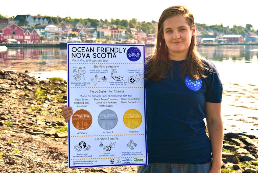 Ariel Smith marine and coastal lead with Coastal Action poses for a chart that promoses going plastics free in Lunenburg.