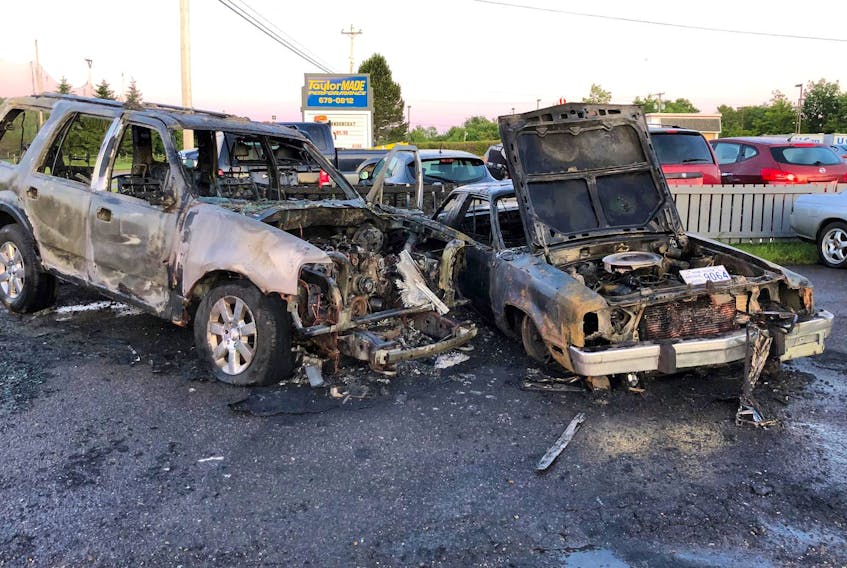 
Two cars were destroyed in a fire at a car service business in Coldbrook, Kings County, early Thursday morning, July 11, 2019. - Herald staff
