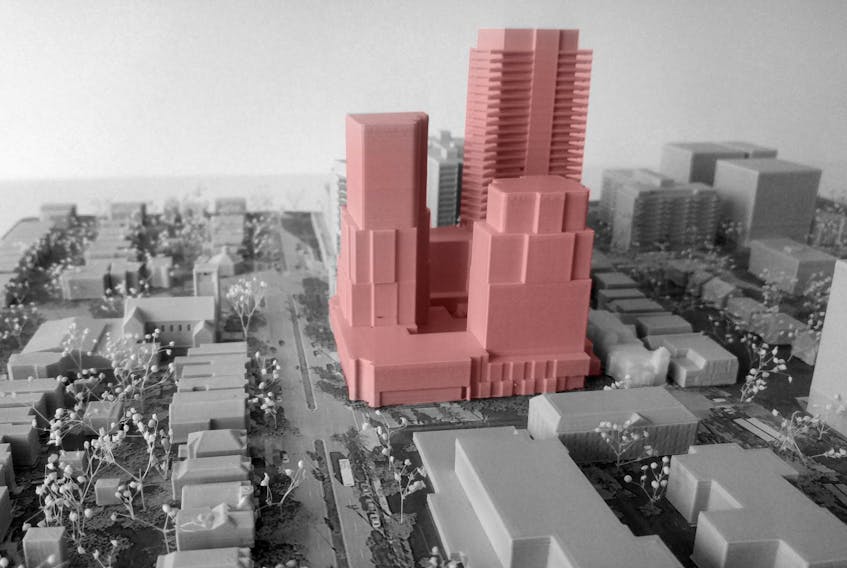 
A 3D model of the block at Spring Garden Road and Robie Street, showing two proposed developments, created by Dalhousie University architectural student Hadrian Laing. 
