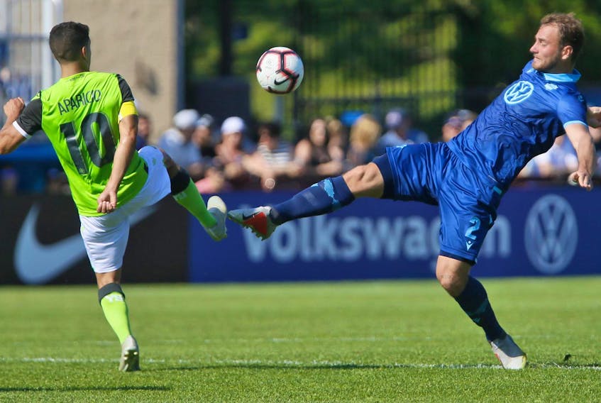 
Halifax Wanderers defender Peter Schaale, right, challenges York FC’s Manuel Aparicio during a July 6 Canadian Premier League game at the Wanderers Grounds. TIM KROCHAK/ The Chronicle Herald
