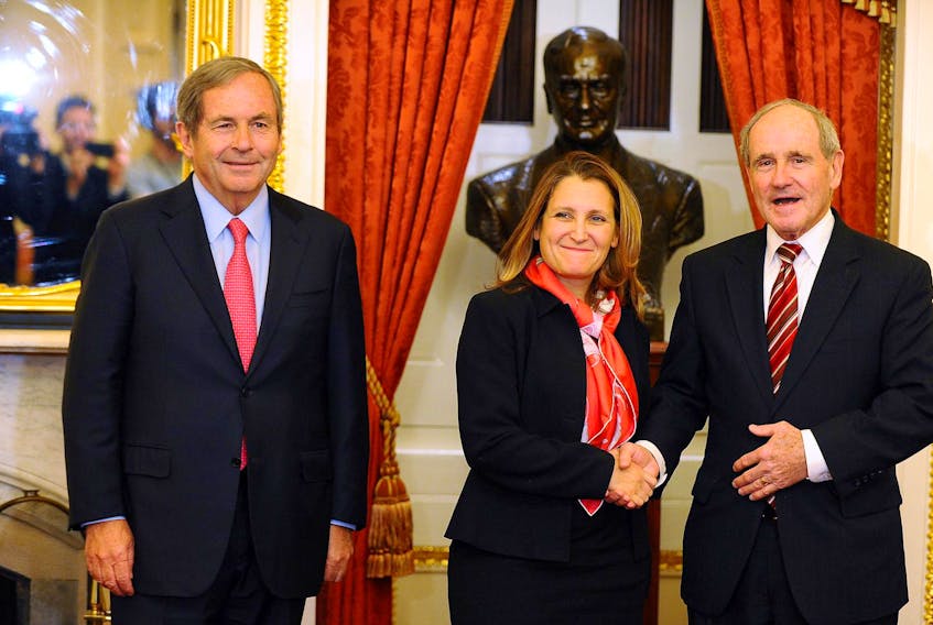 
Ambassador to the United States David MacNaughton and Foreign Affairs Minister Chrystia Freeland meet with U.S. Senate Foreign Relations Committee Chairman Jim Risch (R-ID) at the U.S. Capitol in Washington on Feb. 6, 2019. - Mary F. Calvert / Reuters
