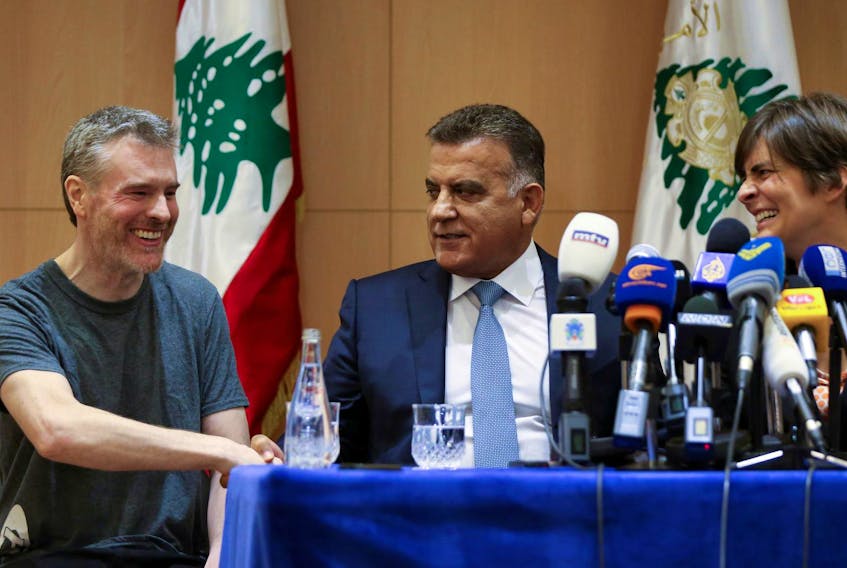 
B.C. resident Kristian Lee Baxter, who was being held in Syria, shakes hands at a news conference Friday, Aug. 9, 2019 with Maj. Gen. Abbas Ibrahim, Lebanon's internal security chief, next to Canadian Ambassador to Lebanon, Emmanuelle Lamoureux. - Mohamed Azakir / Reuters
