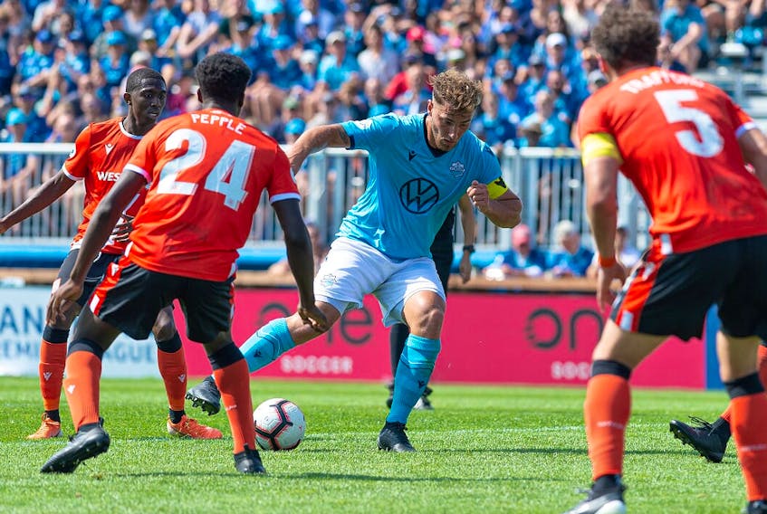 Halifax Wanderers FC defender Peter Schaale controls the ball against Cavalry FC during Saturday’s Canadian Premier League game at the Wanderers Grounds. (Trevor MacMillan/Halifax Wanderers)