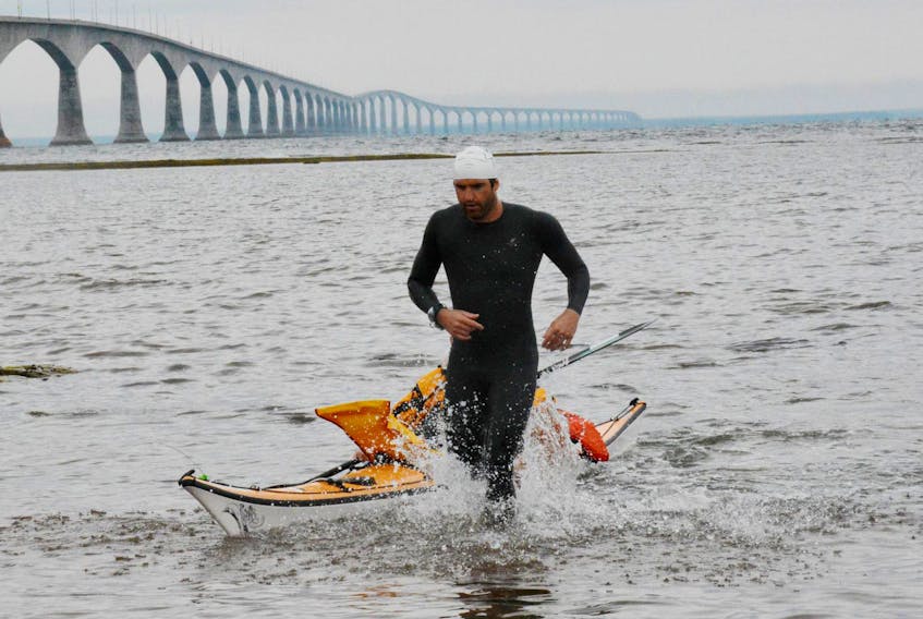 
On Sunday, more than 40 swimmers will take part in the Big Swim, a 14-kilometre crossing from New Brunswick to Prince Edward Island, which is a fundraising event for Brigadoon Village in Annapolis Valley. In this 2014 photo, Steuart Martens of Washington, D.C., was the first swimmer to complete the crossing. - File
