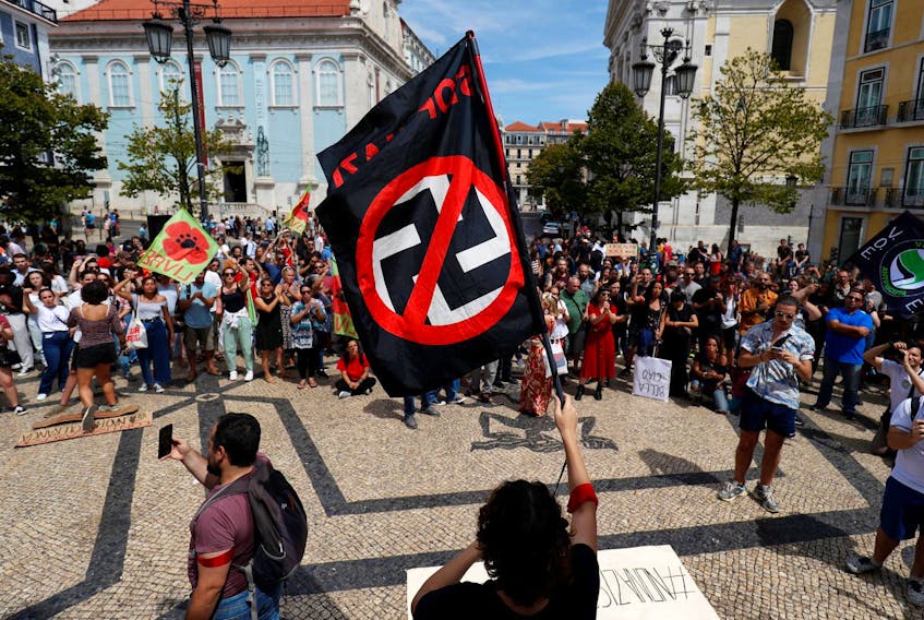 
Anti-fascist activists protest against a conference of far-right groups in downtown Lisbon, Portugal, on Aug. 10. - Rafael Marchante/Reuters
