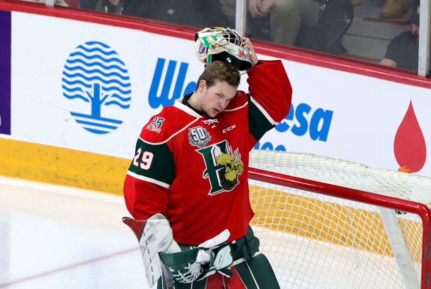 
Returning backup Cole McLaren, shown in this 2019 file photo, and invite Tyler Caseley split time for the Mooseheads and teamed up for 22 saves. ERIC WYNNE / FILE 
