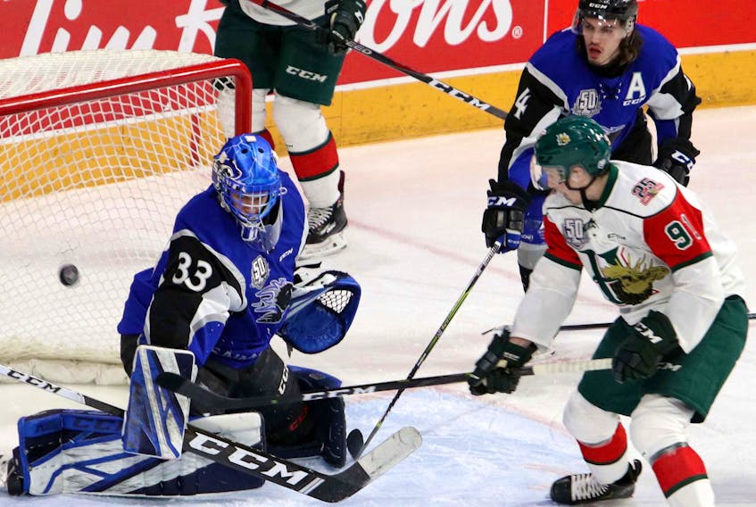 
Halifax Mooseheads’ Marcel Barinka scores on Saint John Sea Dogs’ goaltender Zachery Bouthillier during a QMJHL game last season. 
