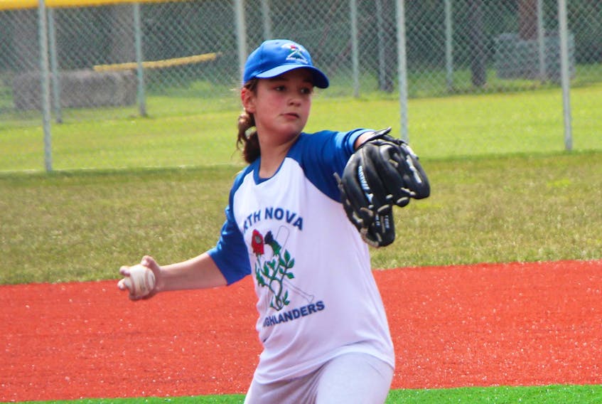 
Madelyn Griffiths pitching for the North Nova Highlanders versus eventual U-12 girls’ provincial tournament champions – the Oxford Wildcats – Aug. 16, at the Sandlot field in Antigonish. - Richard MacKenzie
