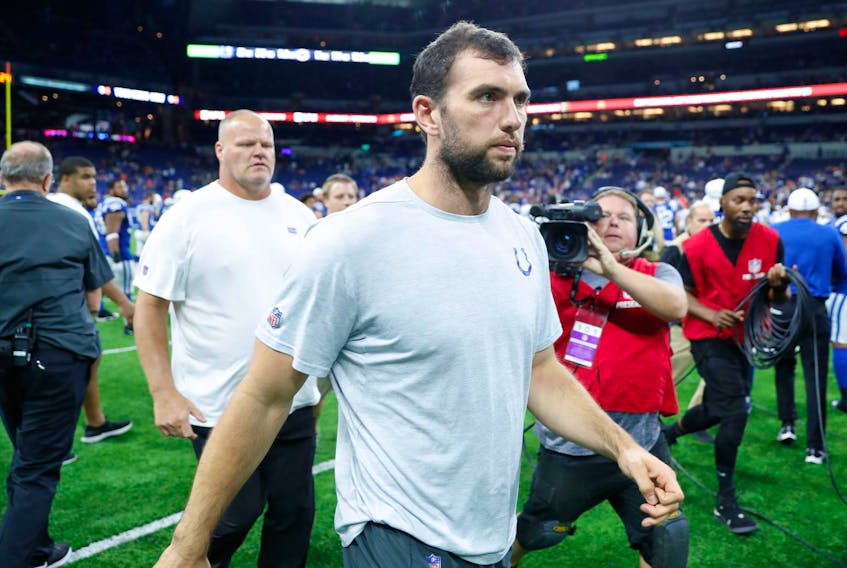 
Indianapolis Colts quarterback Andrew Luck walks off the field after a pre-season game against the Chicago Bears at Lucas Oil Stadium. News of his retirement leaked, and the boos rained down as he left his home field for the last time. - Brian Spurlock/USA Today Sports
