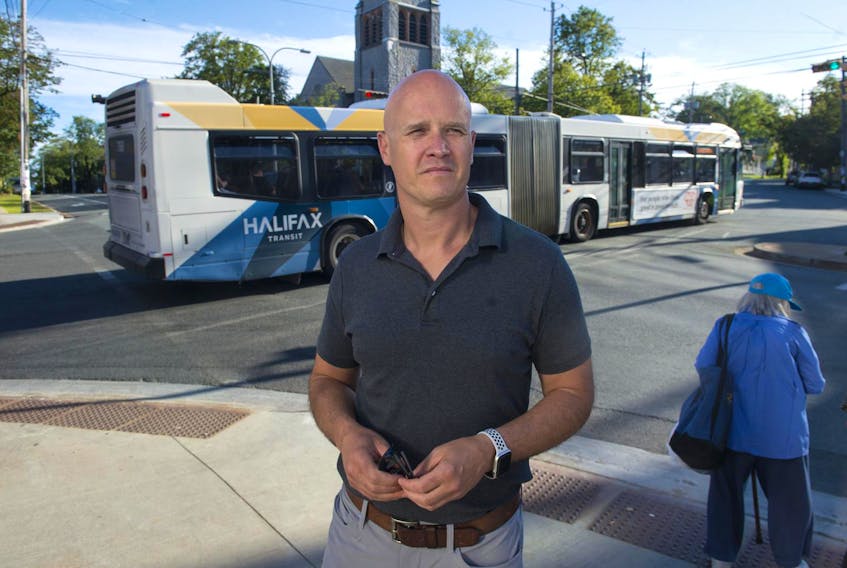 
Dr. Rob Green, seen at the corner of Spring Garden Road and Robie Street on Thursday, believes the roads would be safer if buses were prevented from turning right on a red light. - Ryan Taplin
